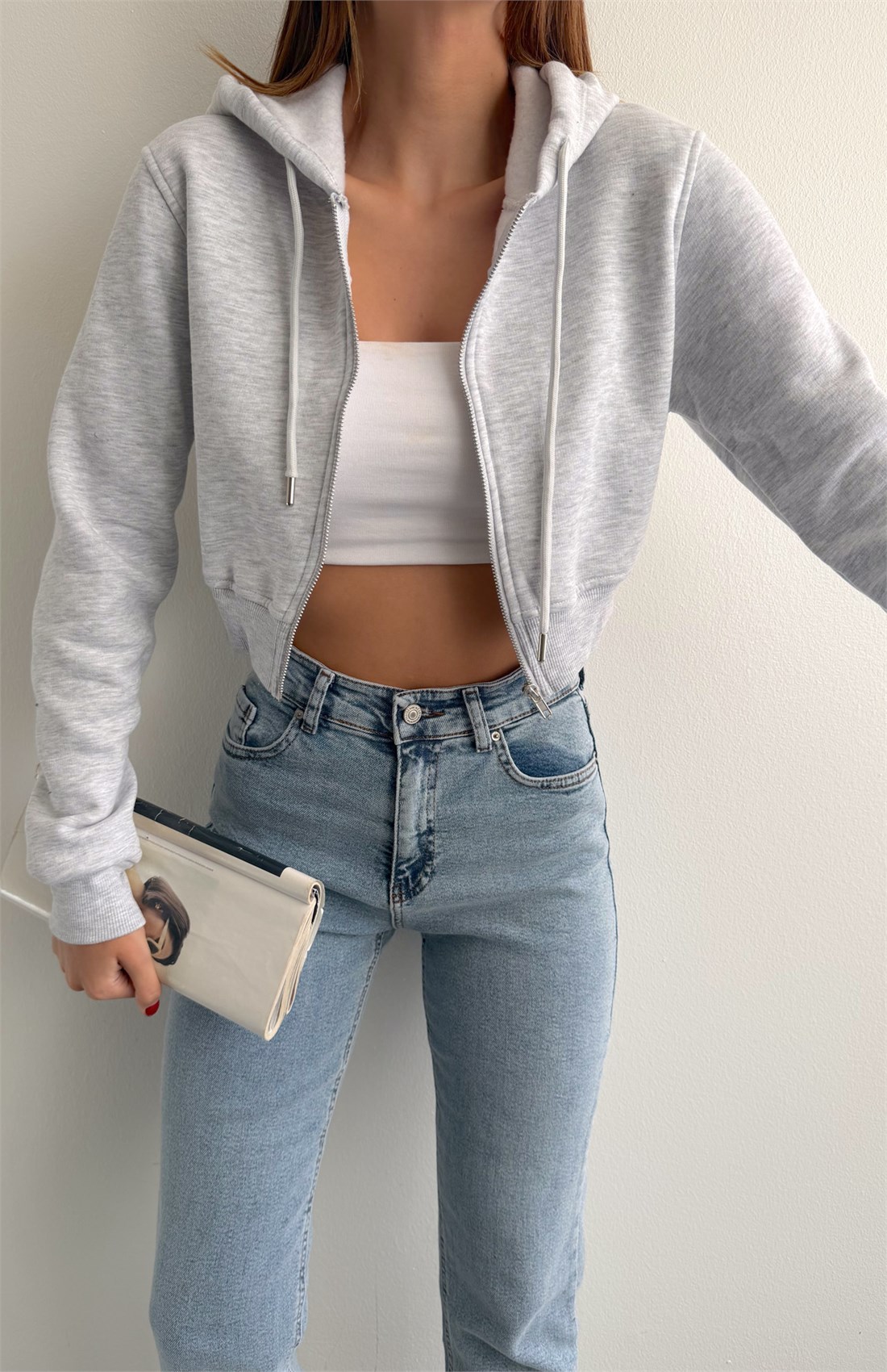 Fermuarlı Crop Sweatshırt GRİ