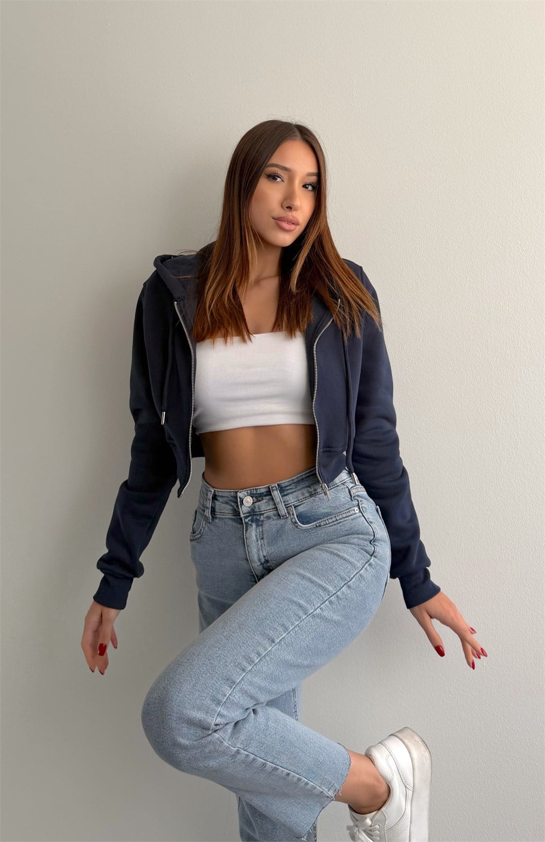 Fermuarlı Crop Sweatshırt LACİVERT
