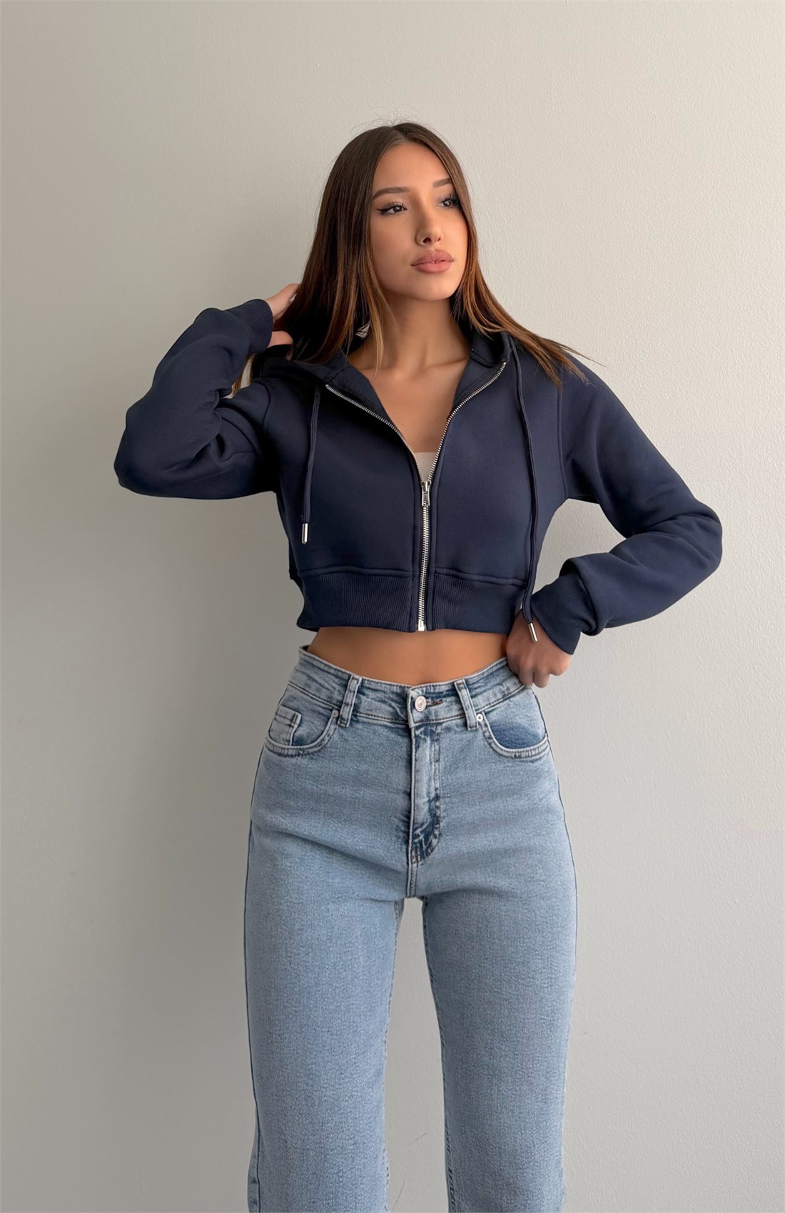 Fermuarlı Crop Sweatshırt LACİVERT