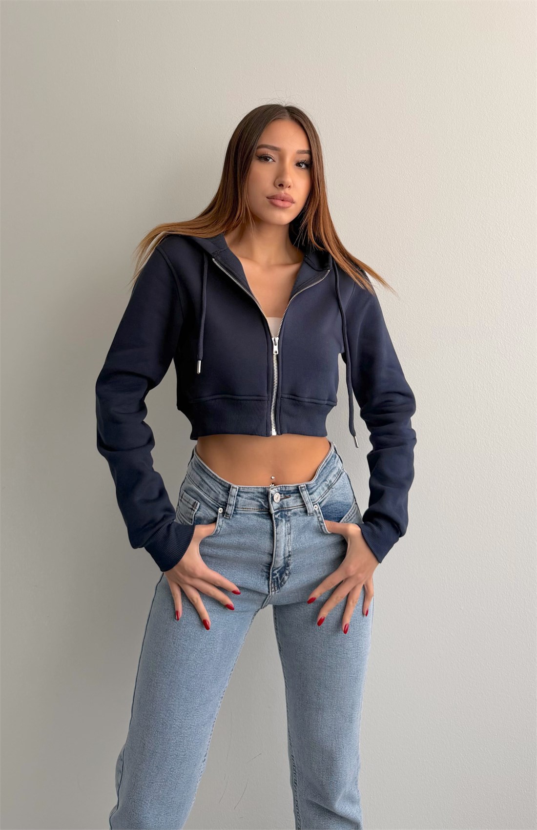 Fermuarlı Crop Sweatshırt LACİVERT