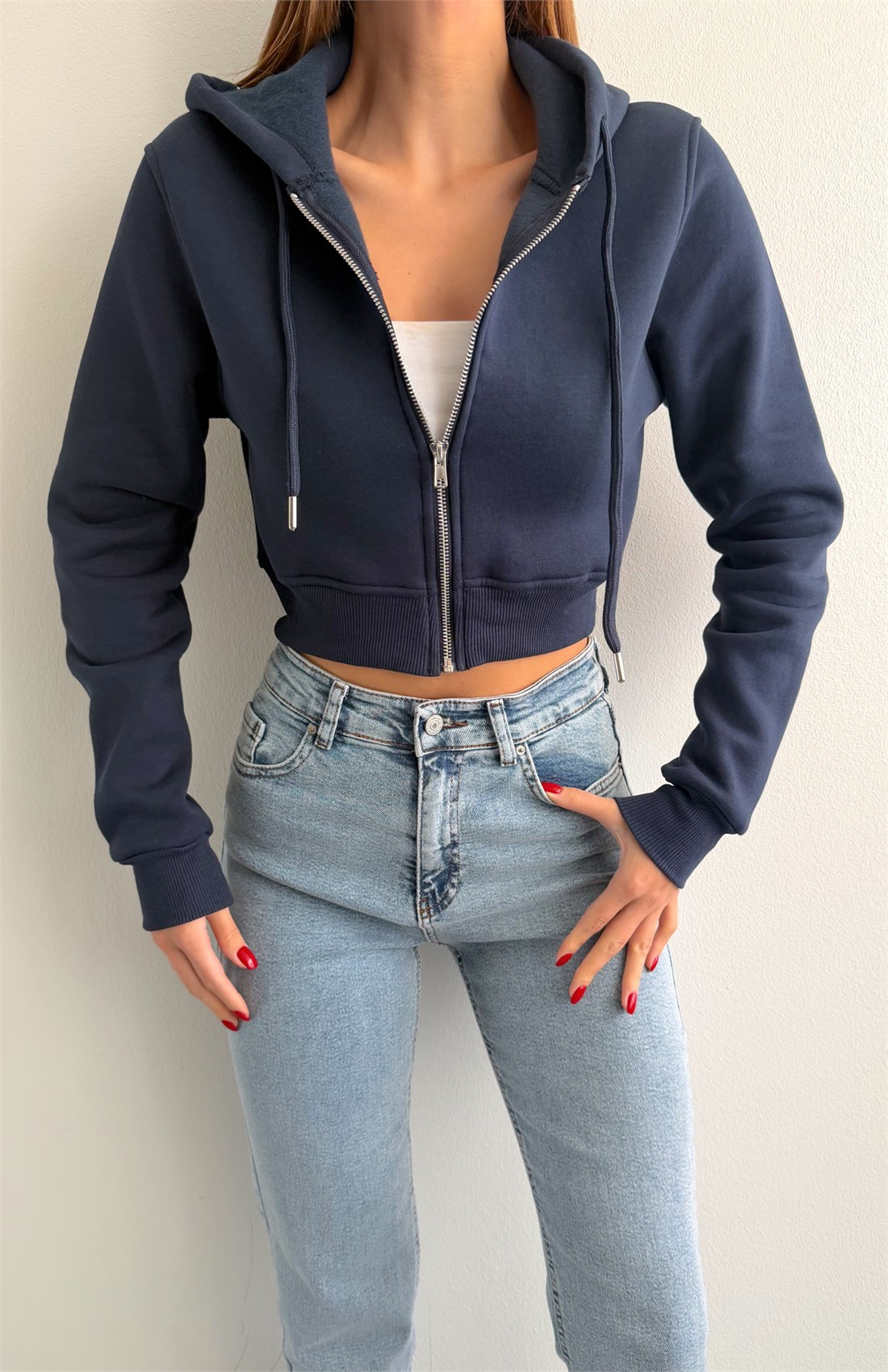 Fermuarlı Crop Sweatshırt LACİVERT
