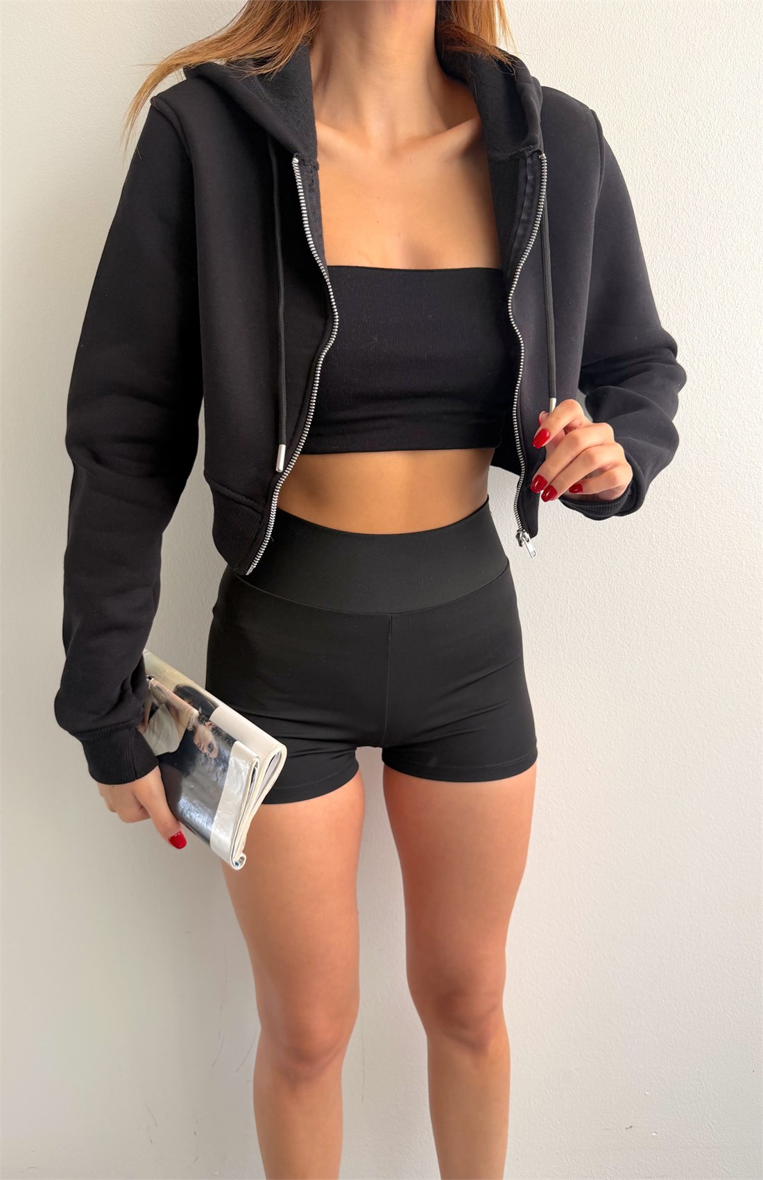 Fermuarlı Crop Sweatshırt SİYAH