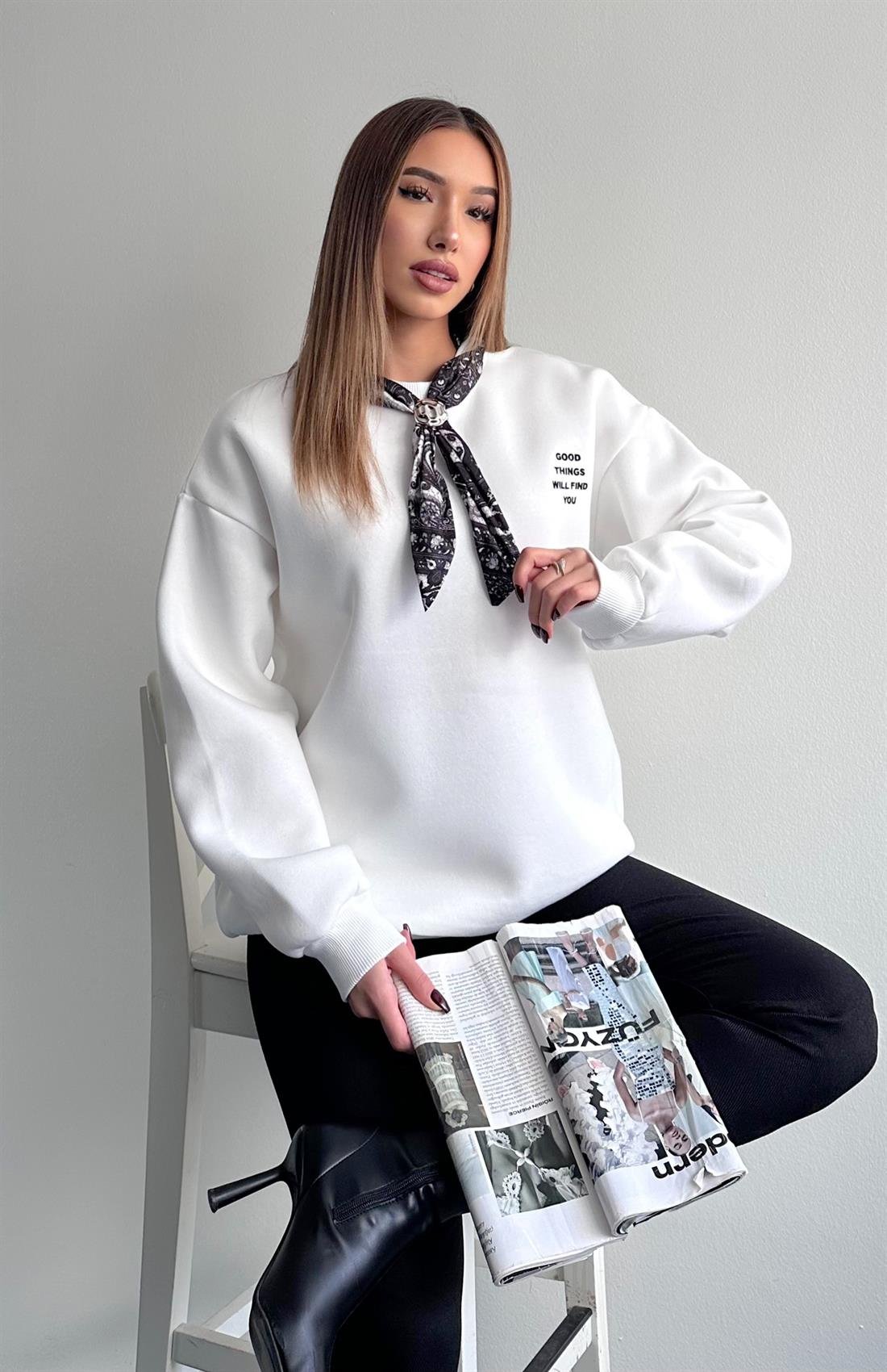 Fular Detaylı Sweatshırt EKRU