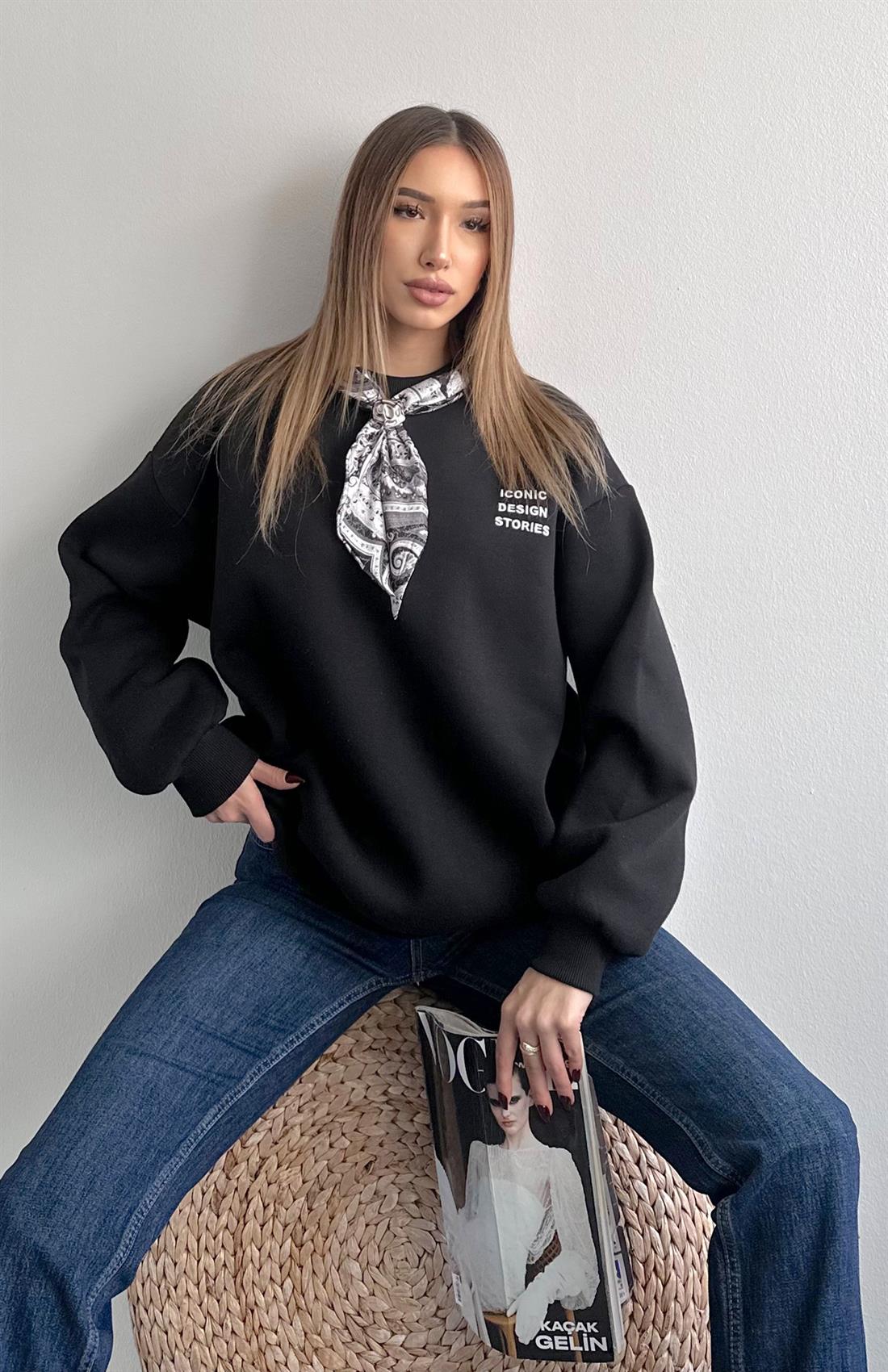 Fular Detaylı Sweatshırt SİYAH