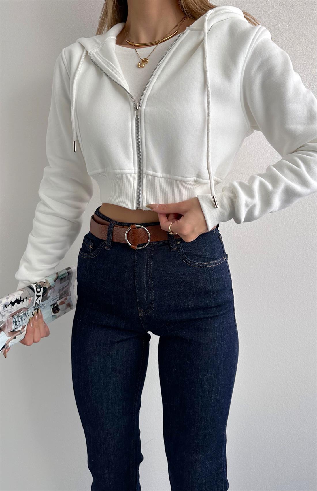 Kısa Fermuarlı Sweatshırt EKRU