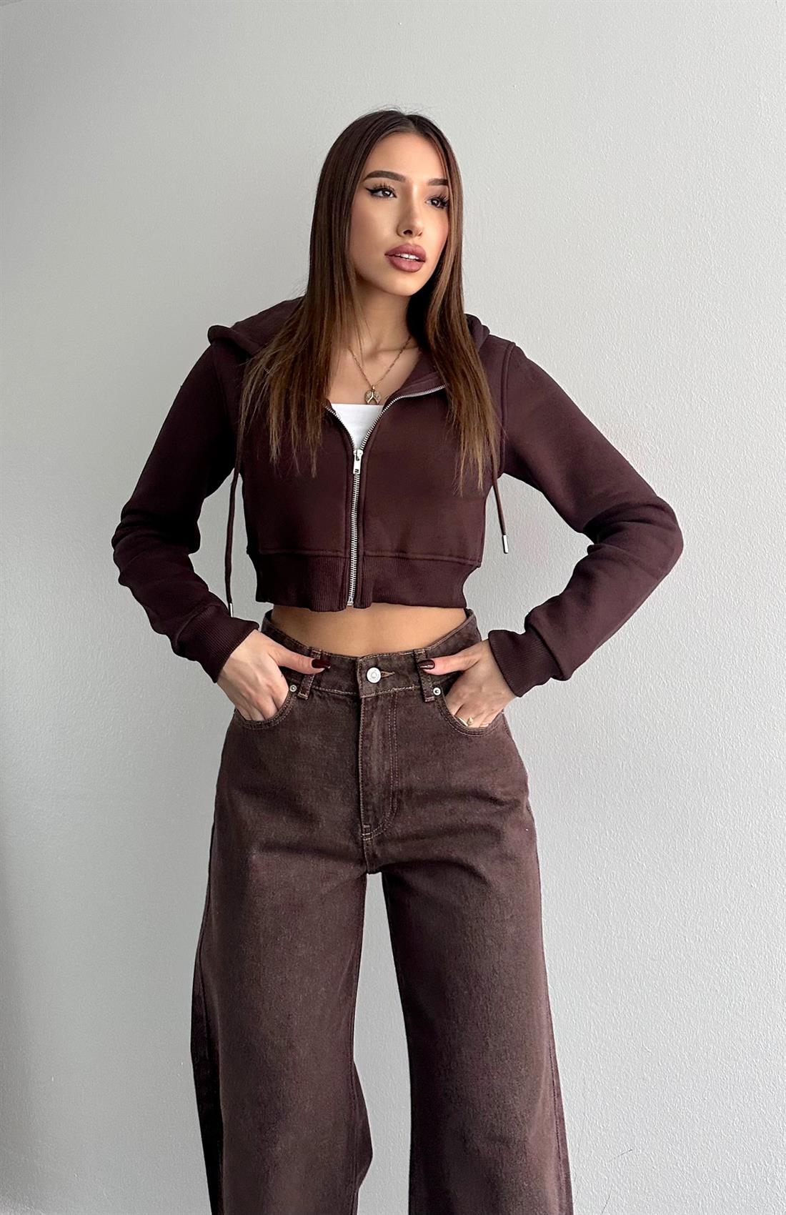 Kısa Fermuarlı Sweatshırt KAHVERENGİ