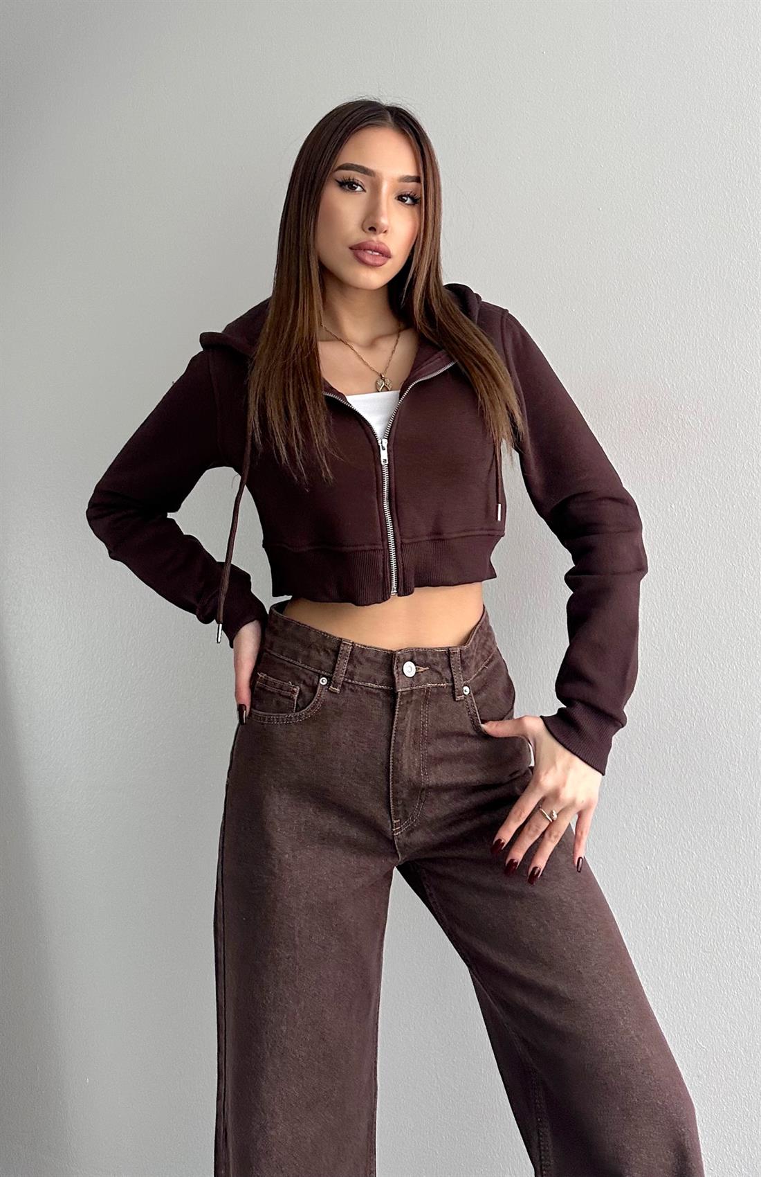 Kısa Fermuarlı Sweatshırt KAHVERENGİ
