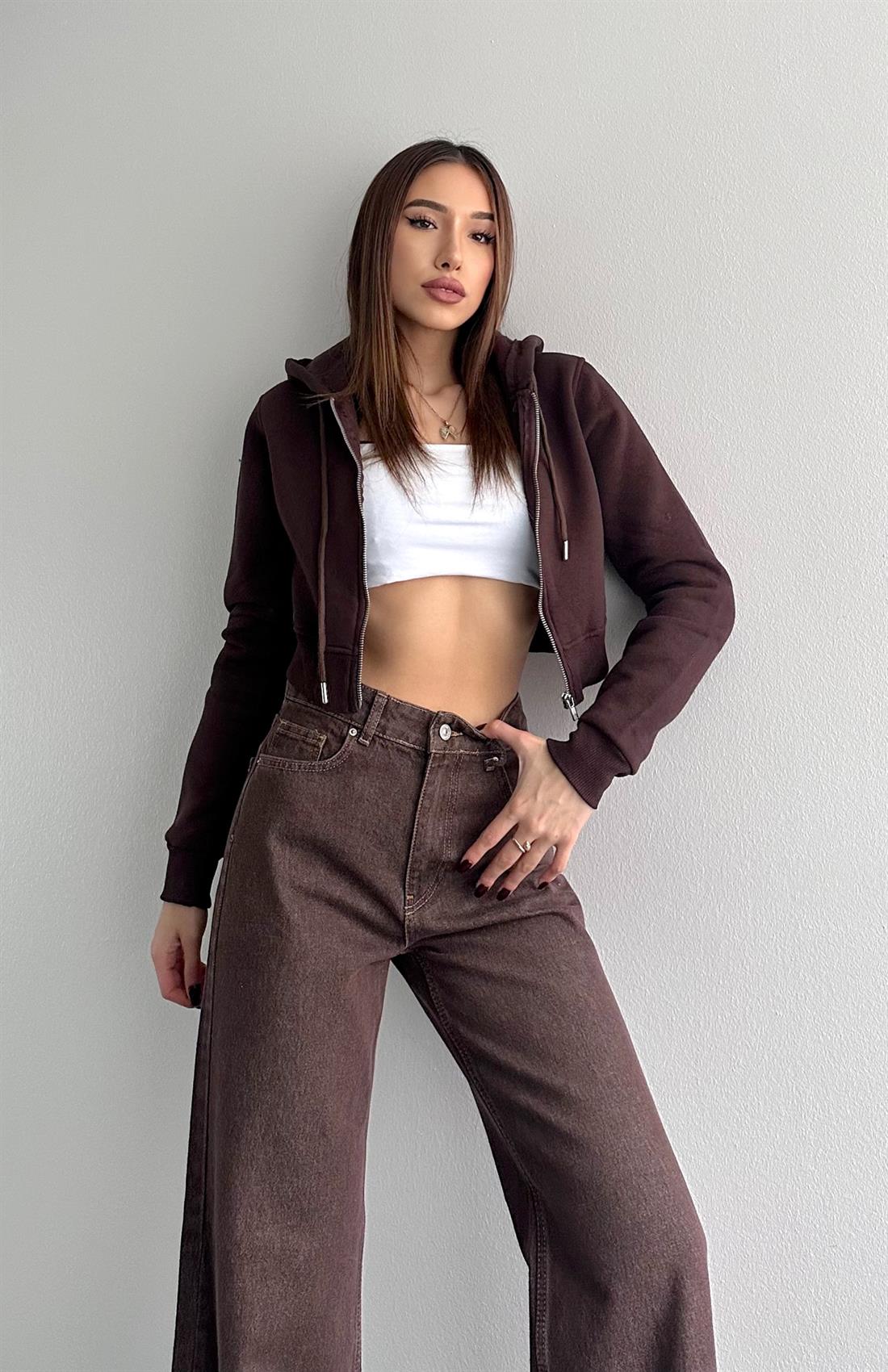 Kısa Fermuarlı Sweatshırt KAHVERENGİ