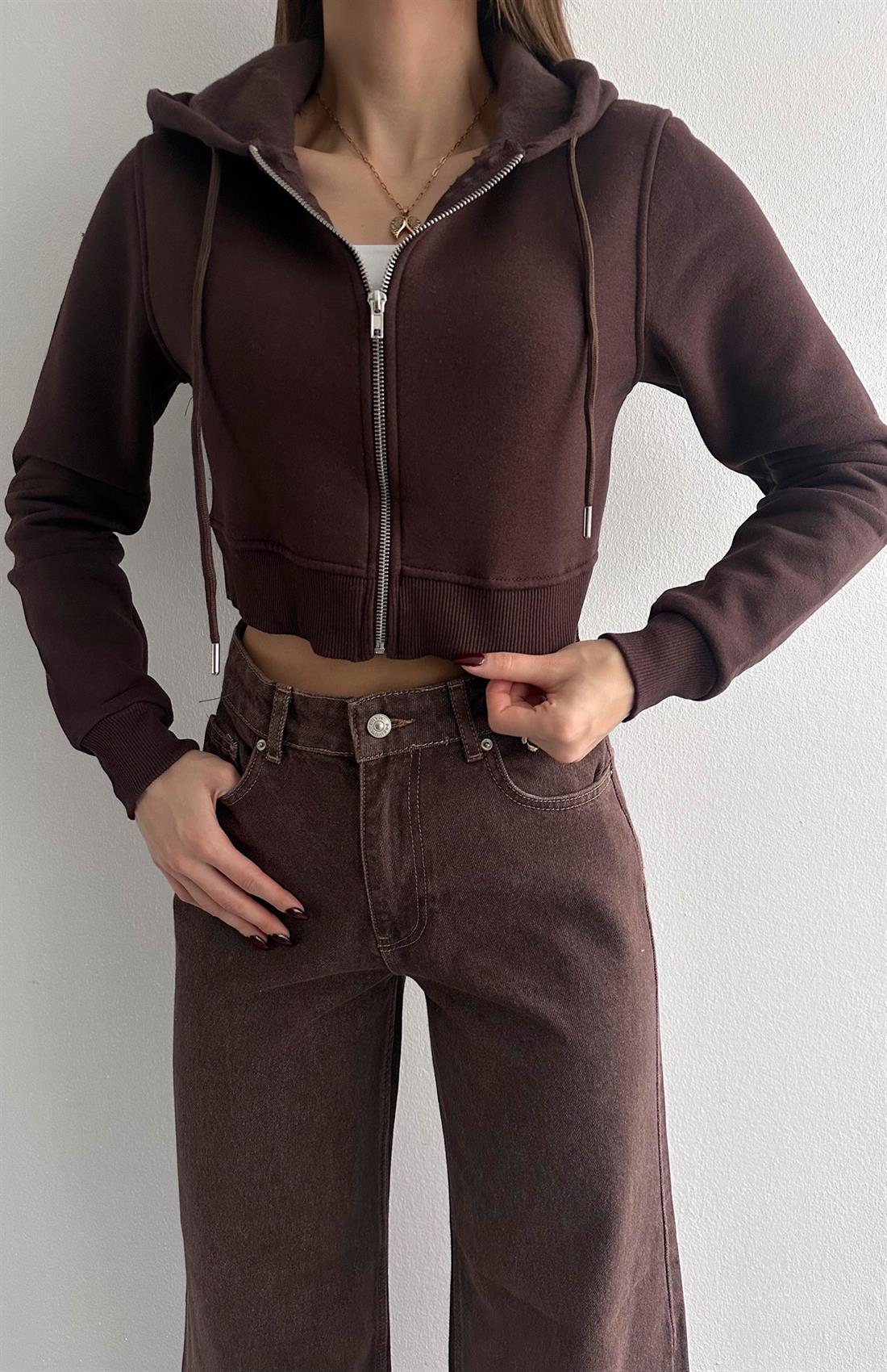 Kısa Fermuarlı Sweatshırt KAHVERENGİ