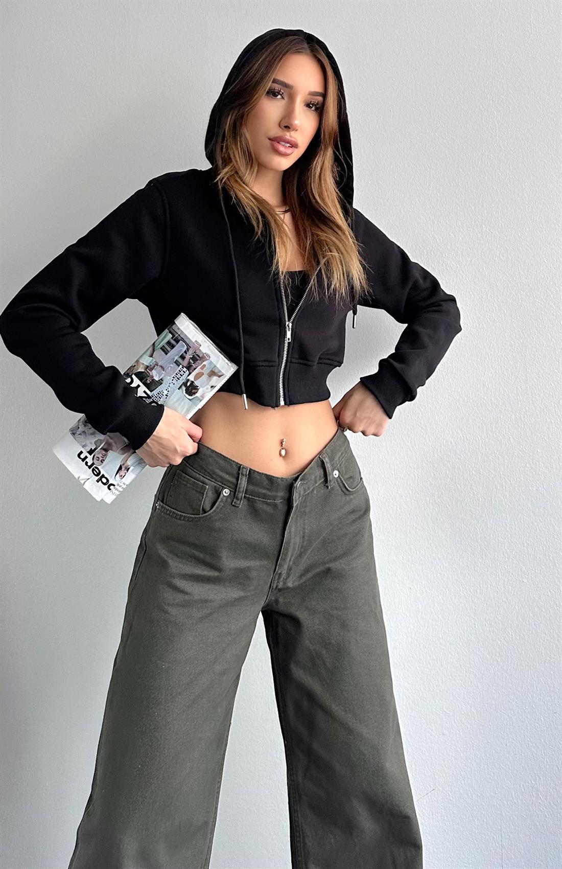 Kısa Fermuarlı Sweatshırt SİYAH