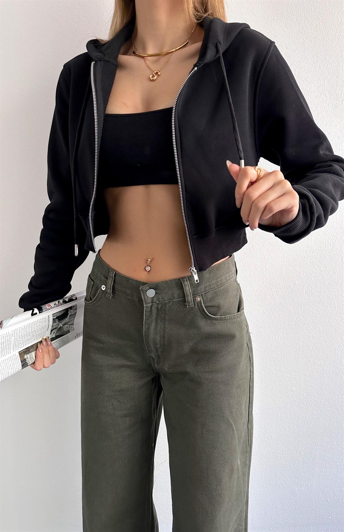 Kısa Fermuarlı Sweatshırt SİYAH