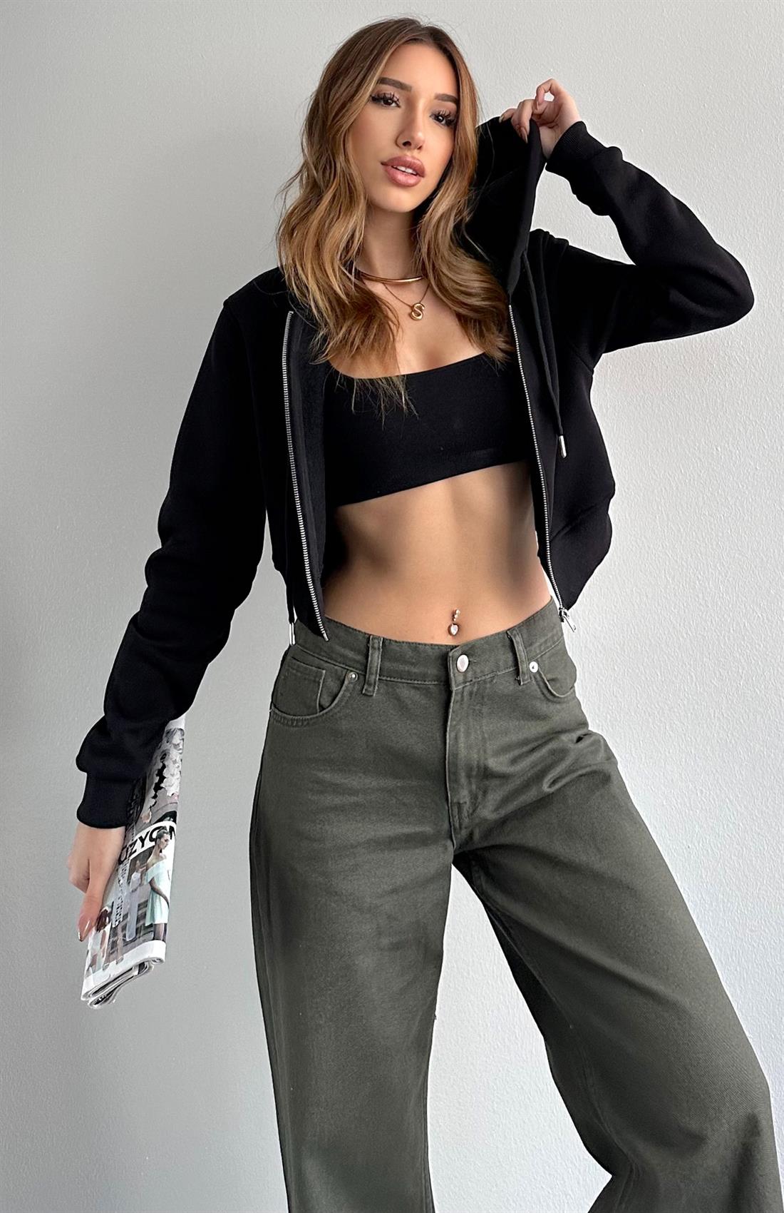 Kısa Fermuarlı Sweatshırt SİYAH