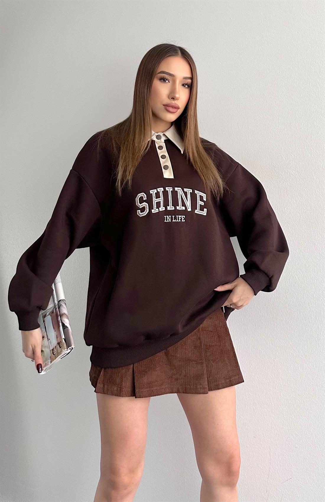 Kontrast Yaka Detaylı Sweatshırt KAHVERENGİ