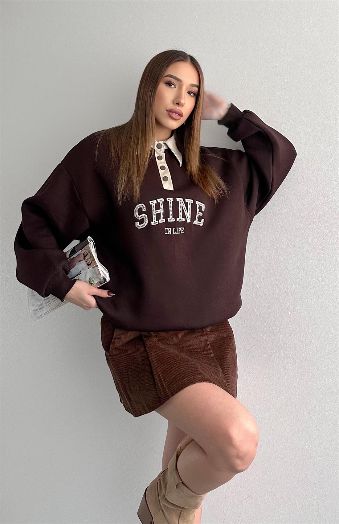 Kontrast Yaka Detaylı Sweatshırt KAHVERENGİ