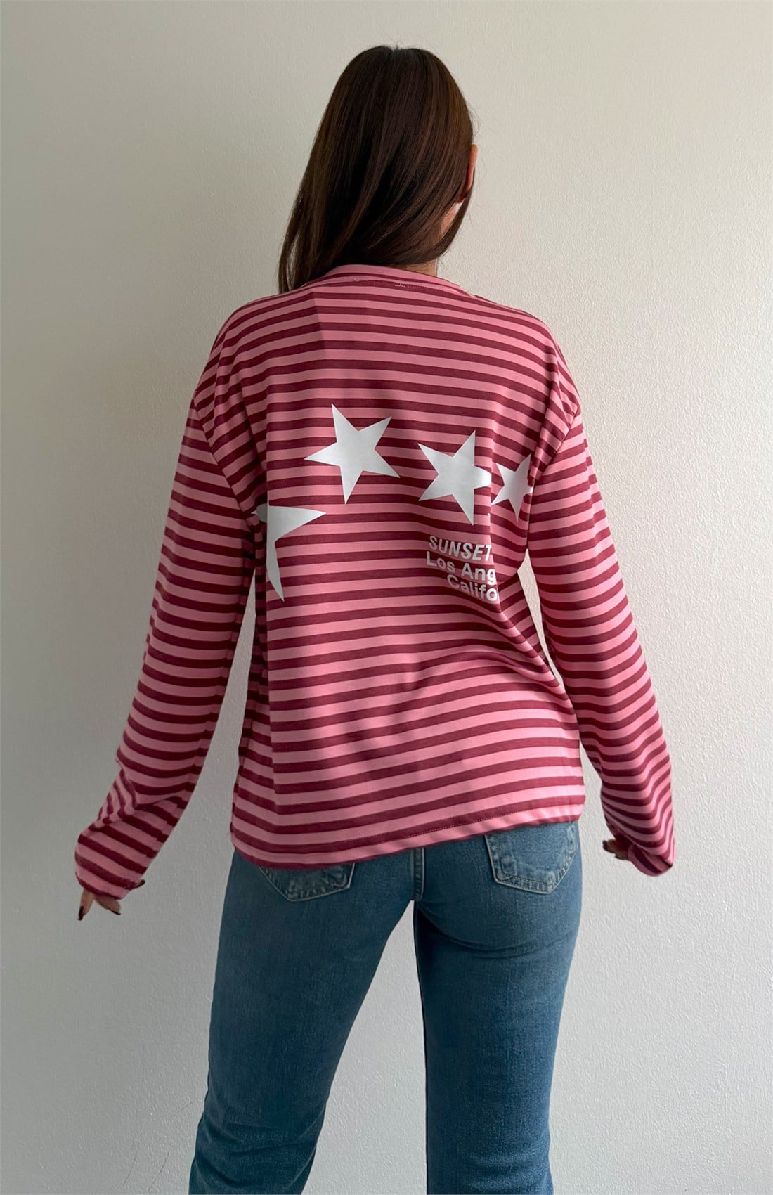 Modal Kumaş Çizgili Sweatshırt PEMBE