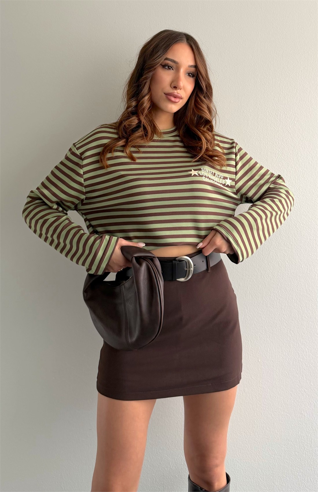 Modal Kumaş Çizgili Sweatshırt HAKİ