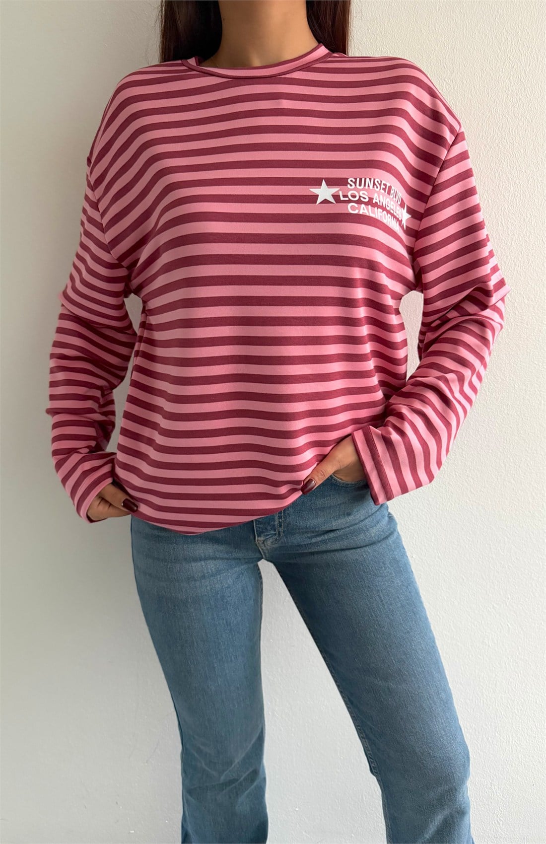 Modal Kumaş Çizgili Sweatshırt PEMBE