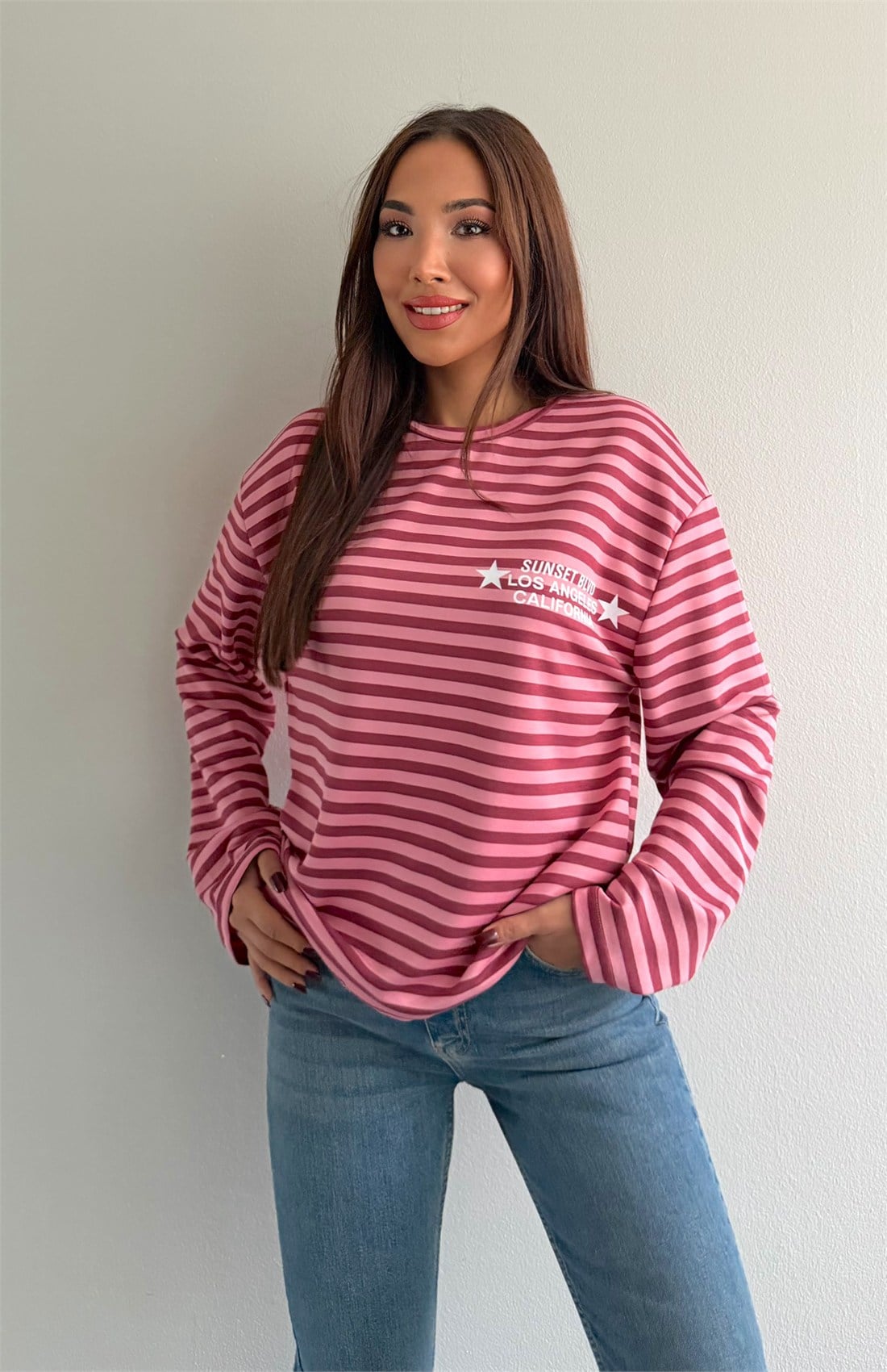 Modal Kumaş Çizgili Sweatshırt PEMBE