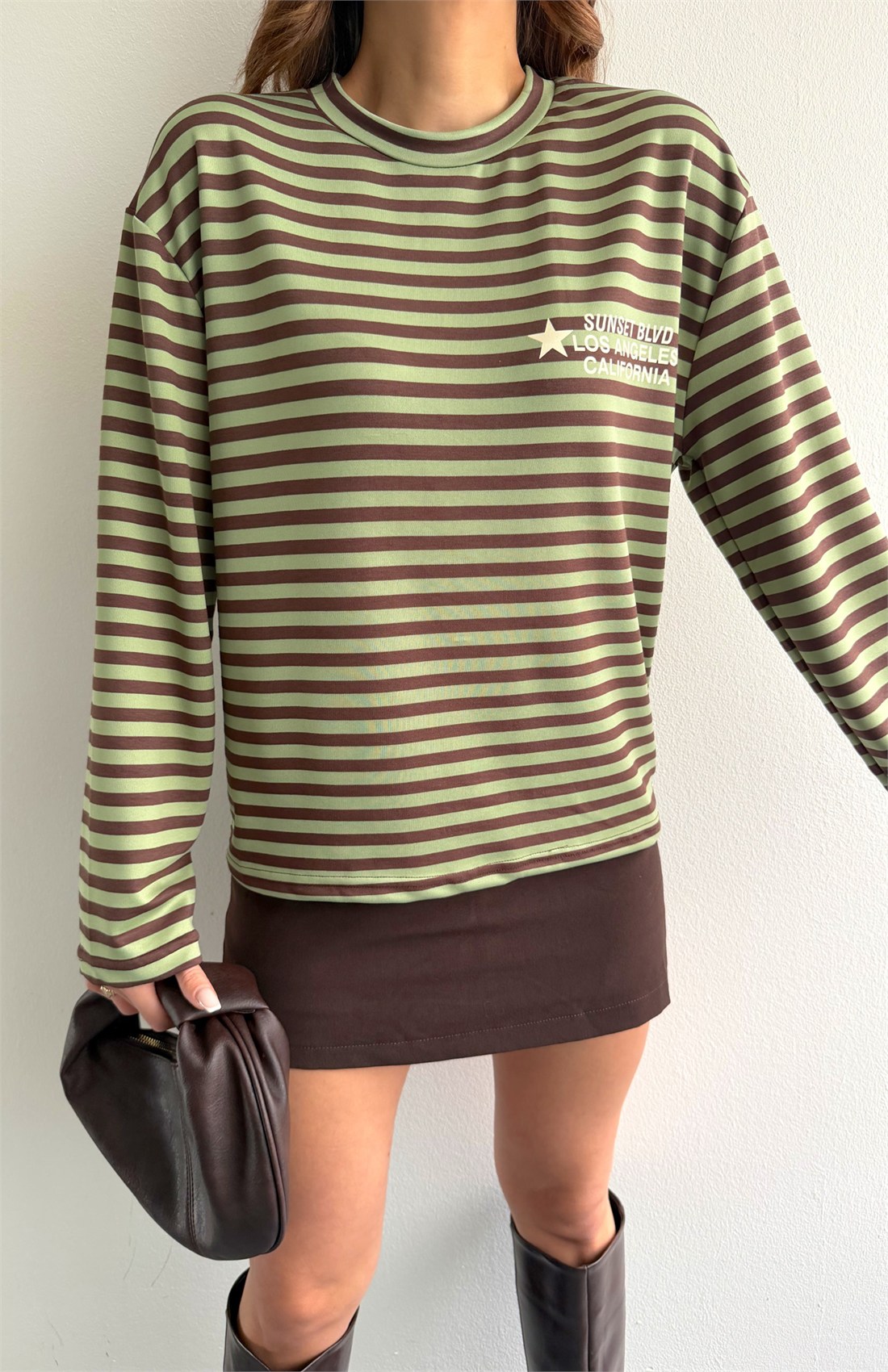Modal Kumaş Çizgili Sweatshırt HAKİ