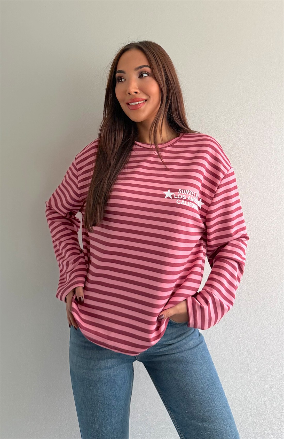 Modal Kumaş Çizgili Sweatshırt PEMBE