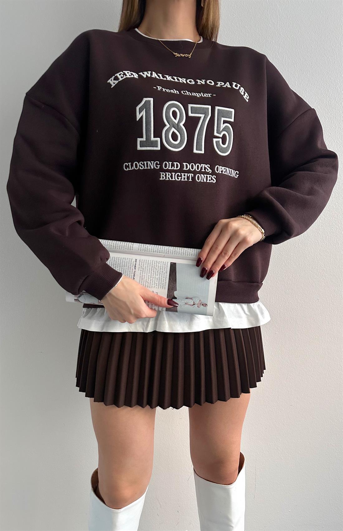 Nakiş Detaylı Sweatshırt KAHVERENGİ