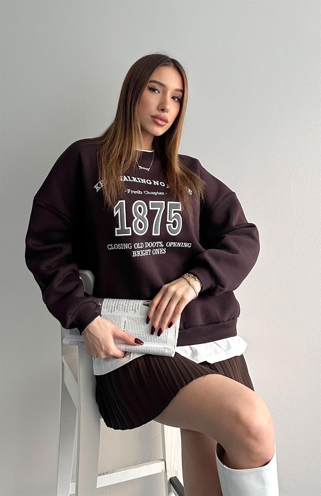 Nakiş Detaylı Sweatshırt KAHVERENGİ