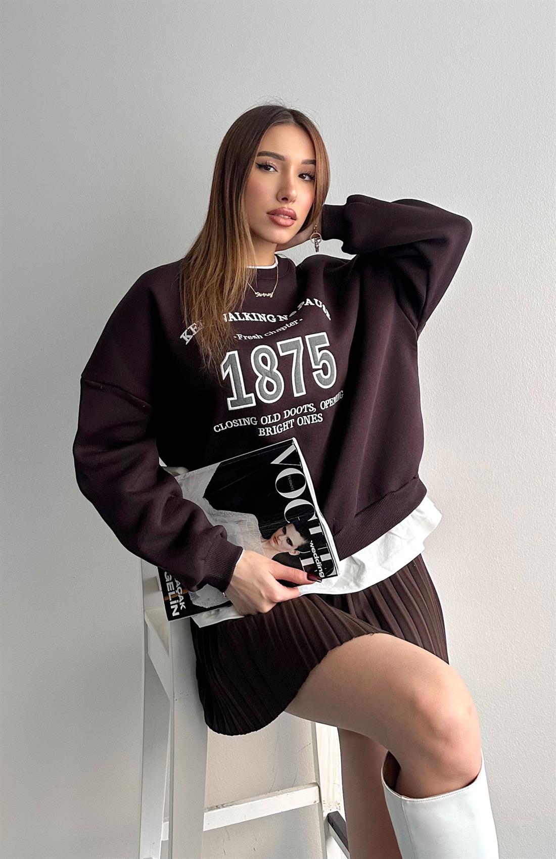 Nakiş Detaylı Sweatshırt KAHVERENGİ