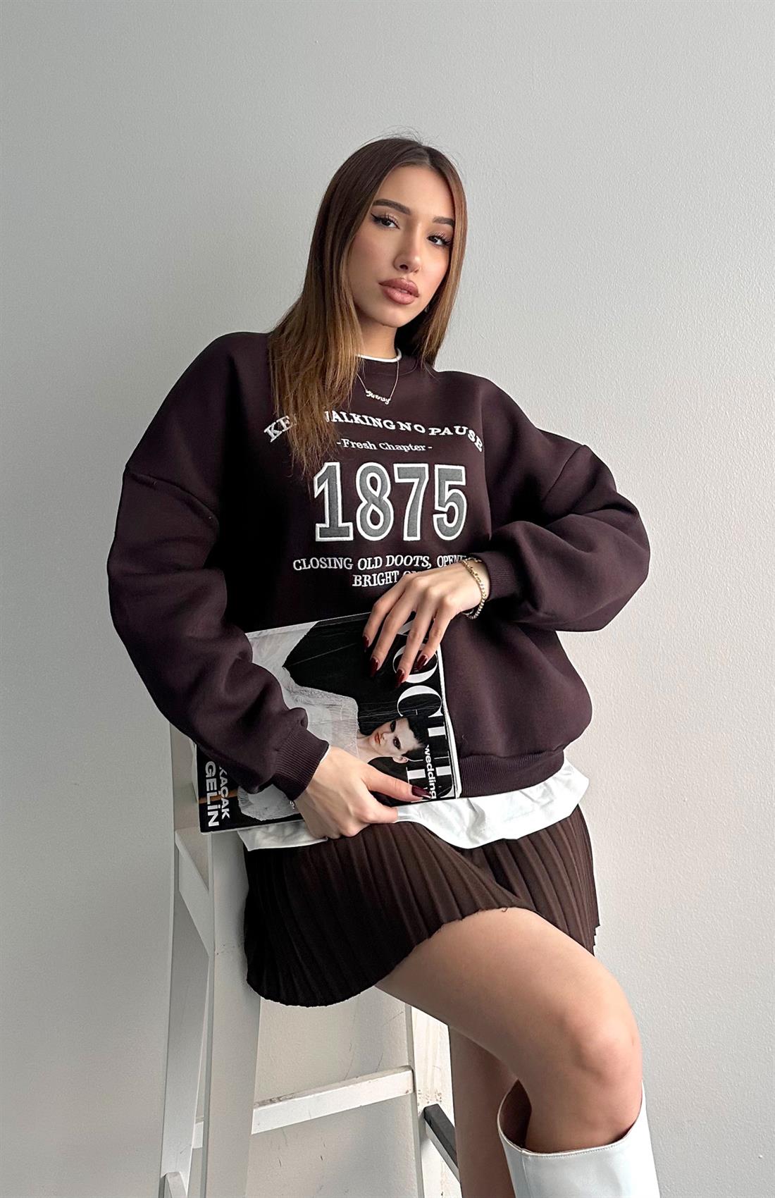 Nakiş Detaylı Sweatshırt KAHVERENGİ