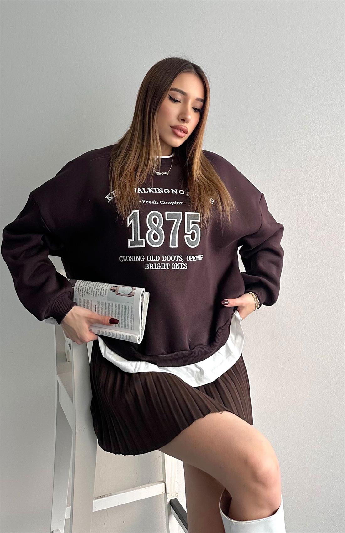 Nakiş Detaylı Sweatshırt KAHVERENGİ