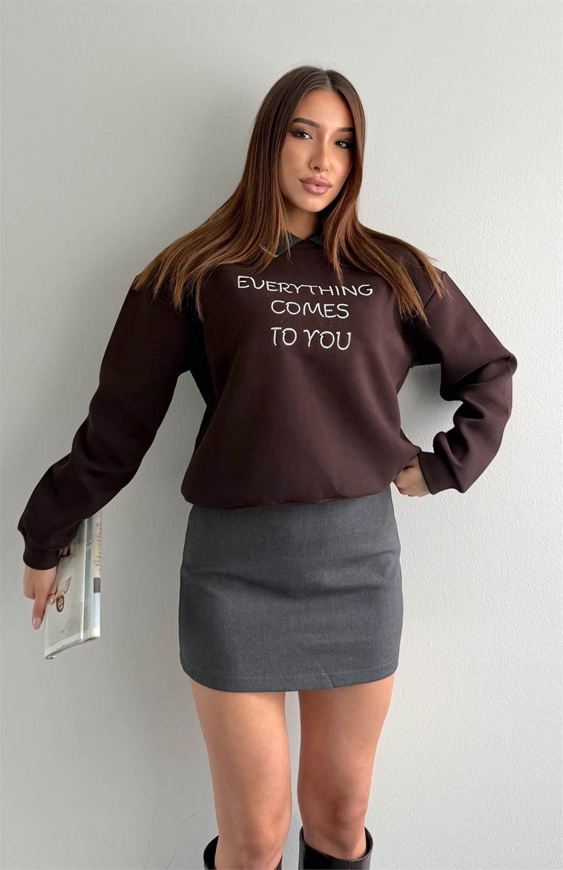 Nakiş Detaylı Sweatshırt KAHVERENGİ