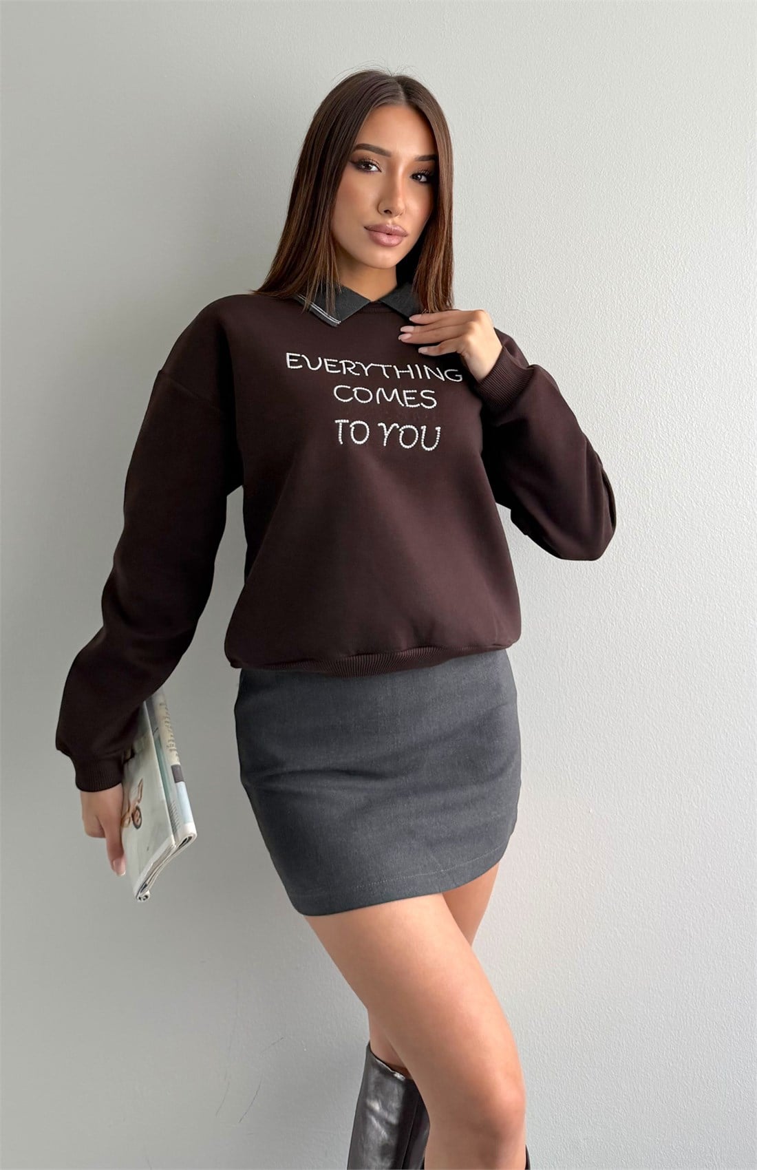 Nakiş Detaylı Sweatshırt KAHVERENGİ
