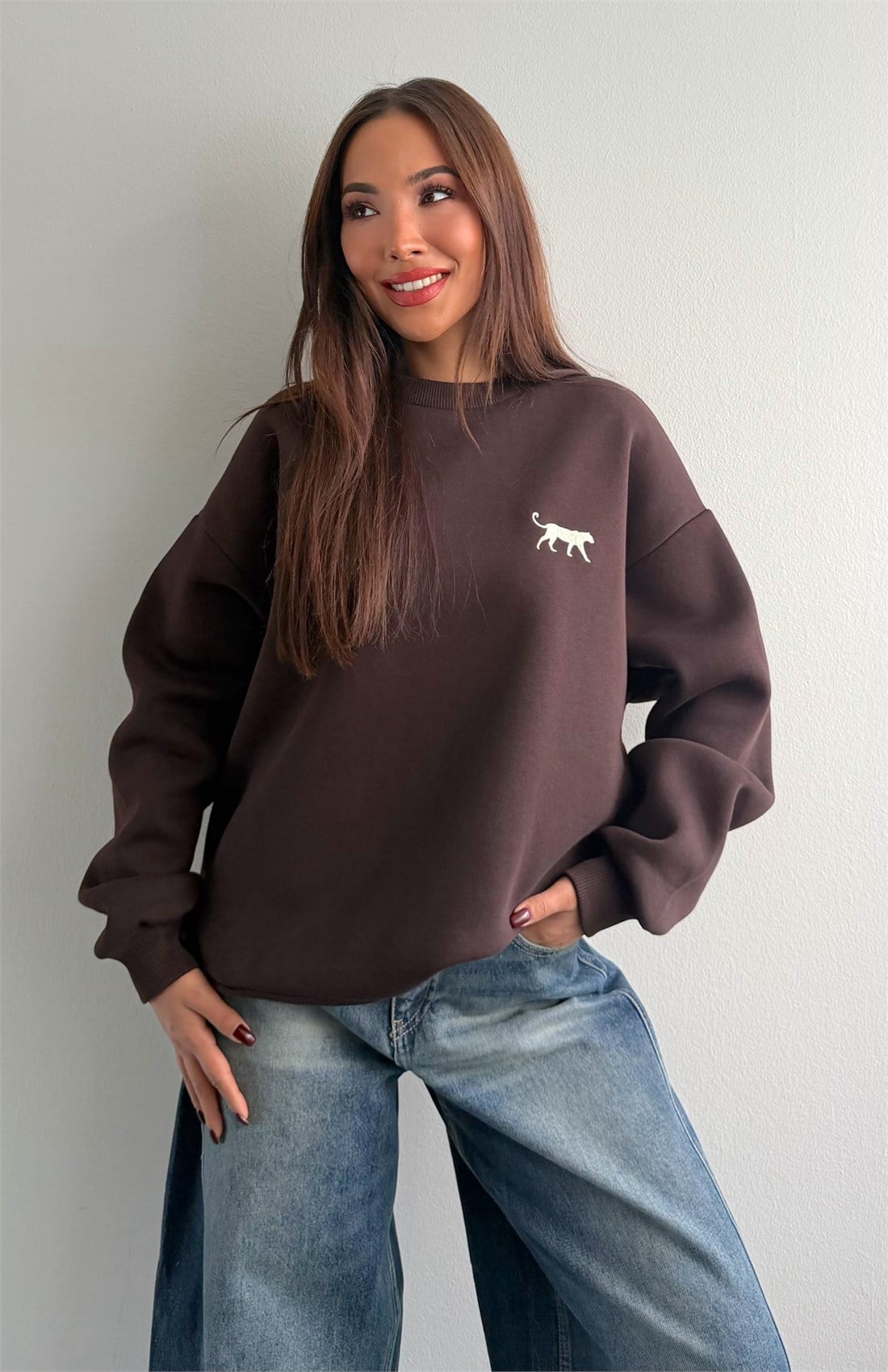 Nakiş Detaylı Sweatshırt KAHVERENGİ