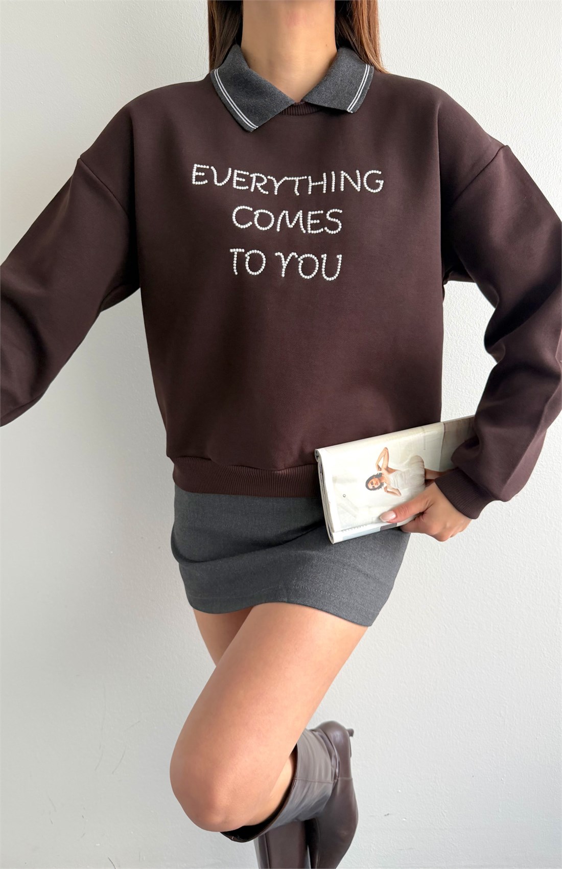 Nakiş Detaylı Sweatshırt KAHVERENGİ