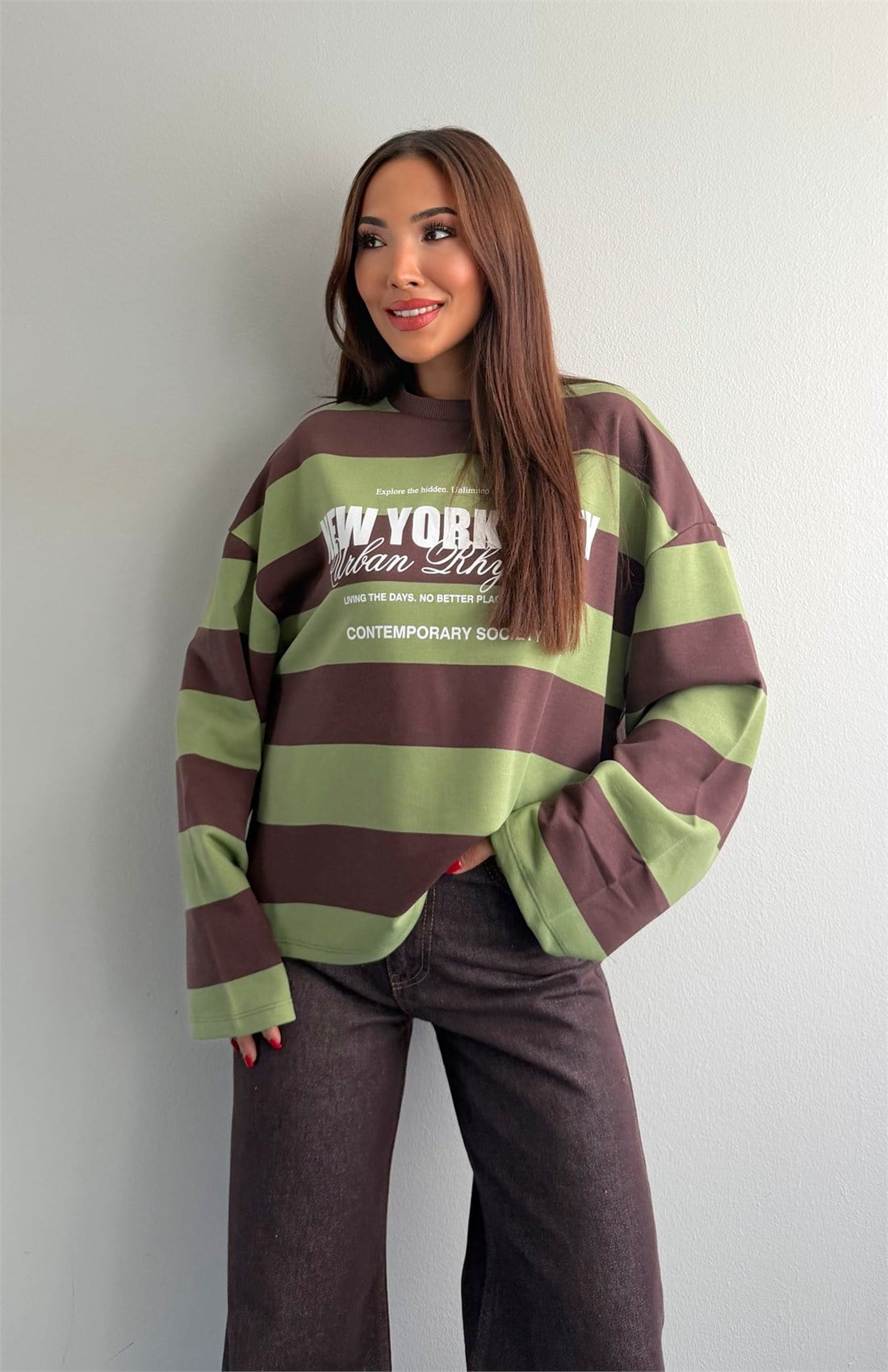 Newyork Baskılı Çizgili Sweatshırt HAKİ
