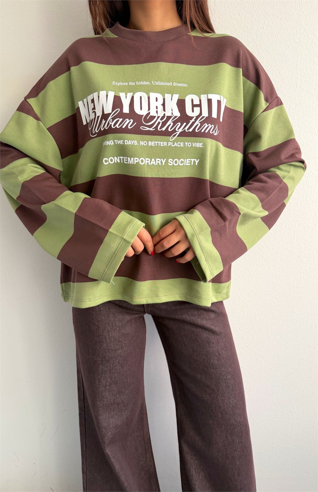 Newyork Baskılı Çizgili Sweatshırt HAKİ