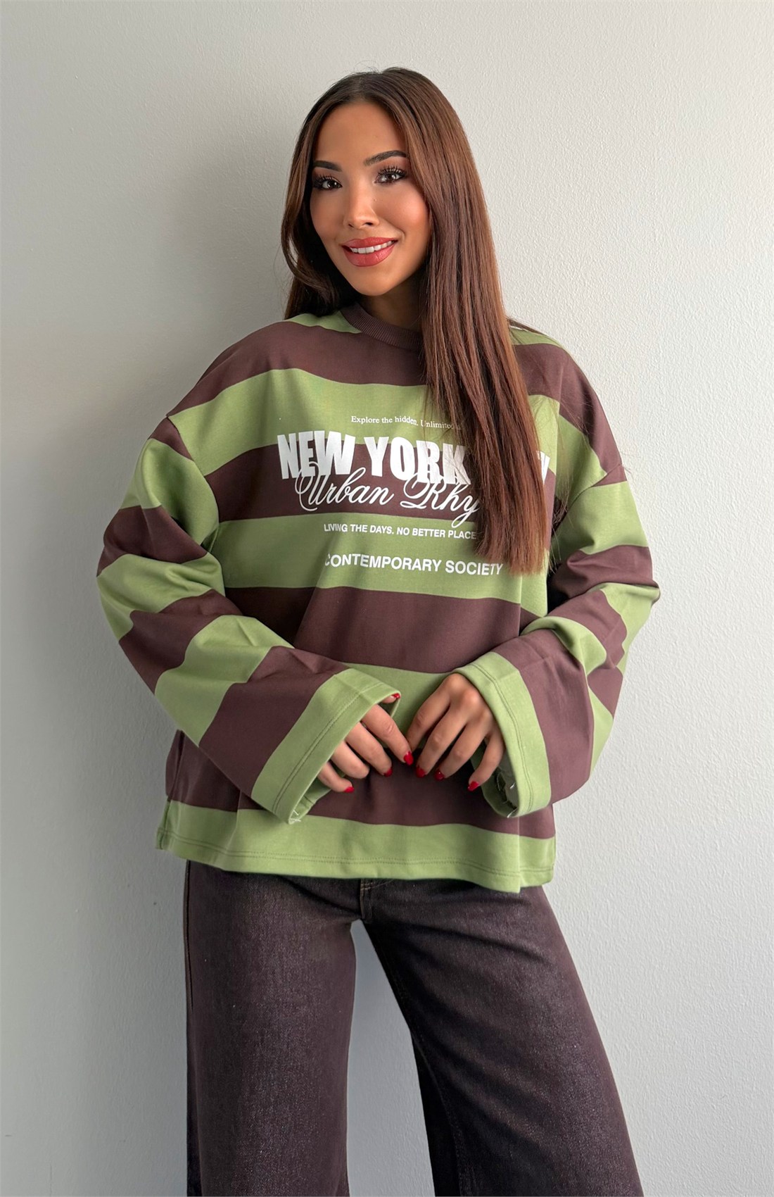 Newyork Baskılı Çizgili Sweatshırt HAKİ