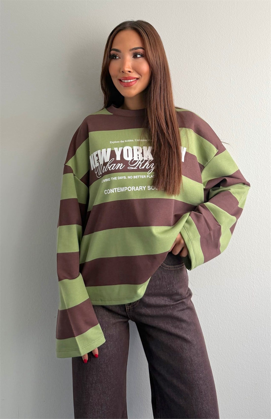 Newyork Baskılı Çizgili Sweatshırt HAKİ