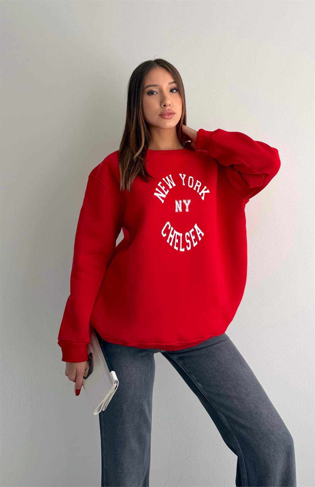 Newyork Baskılı Sweatshırt KIRMIZI