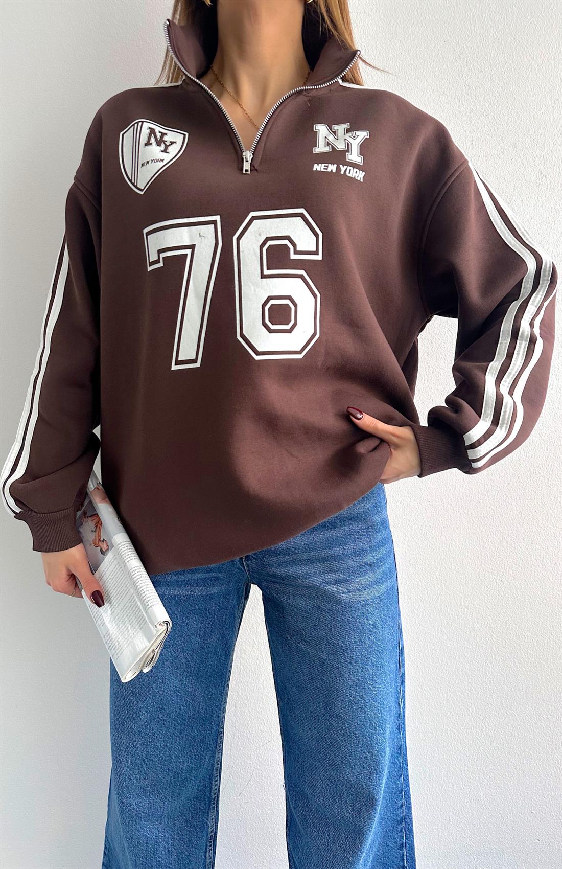 Ny Basklılı Sweatshırt KAHVERENGİ