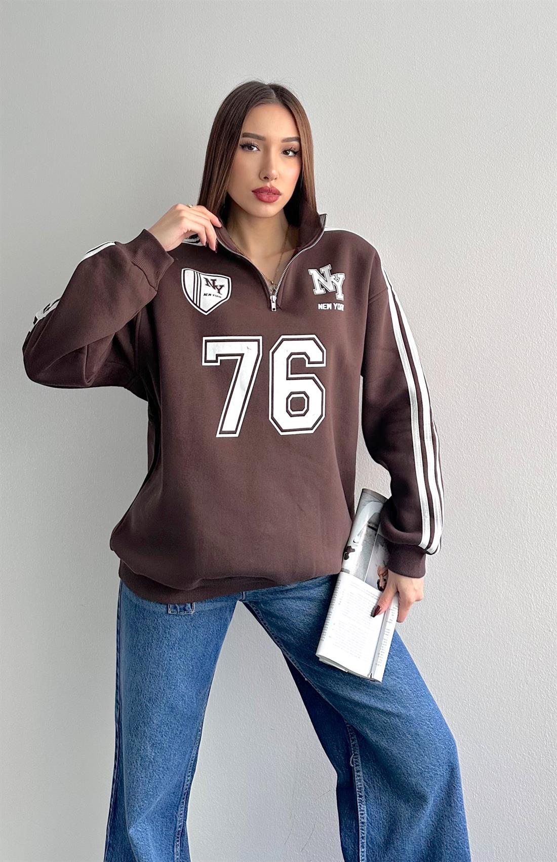 Ny Basklılı Sweatshırt KAHVERENGİ