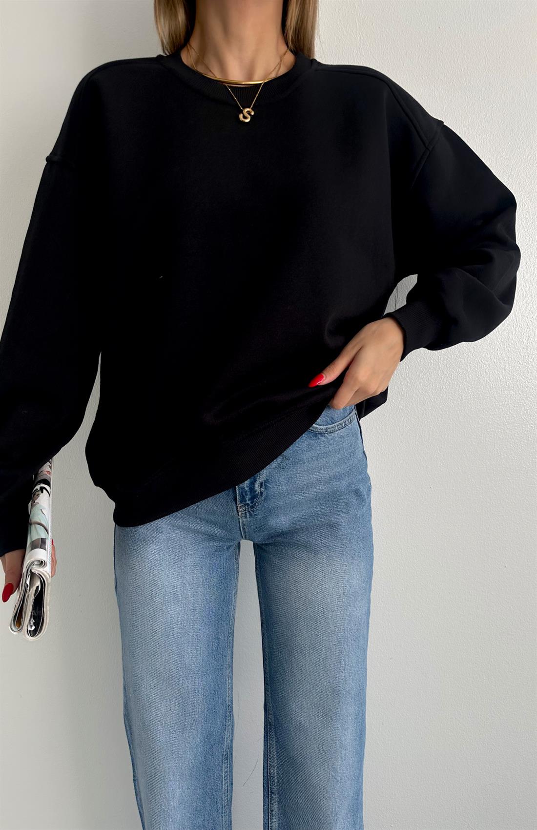 Omuzu Robalı 3 İplik Sweatshırt SİYAH