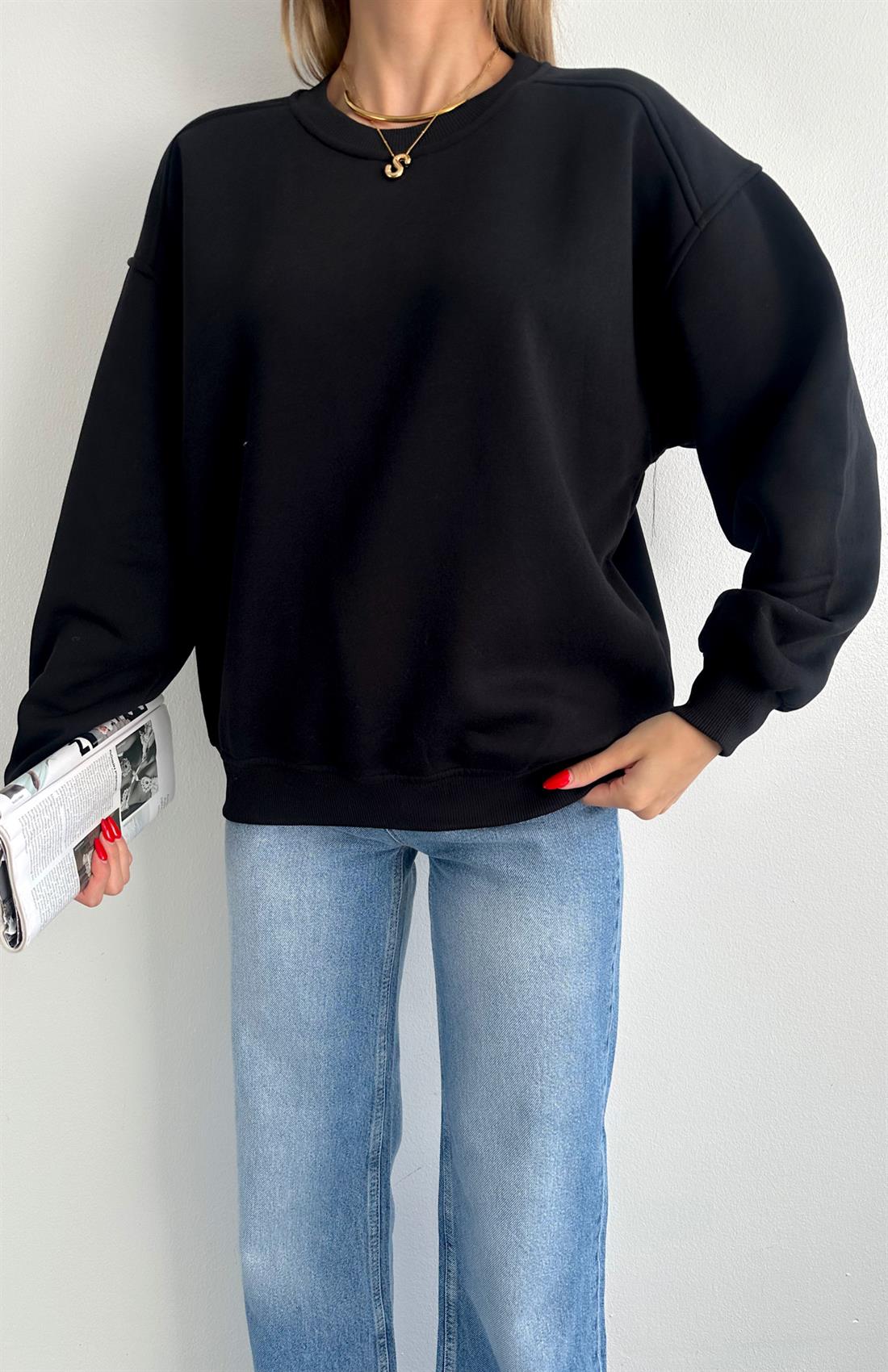 Omuzu Robalı 3 İplik Sweatshırt SİYAH