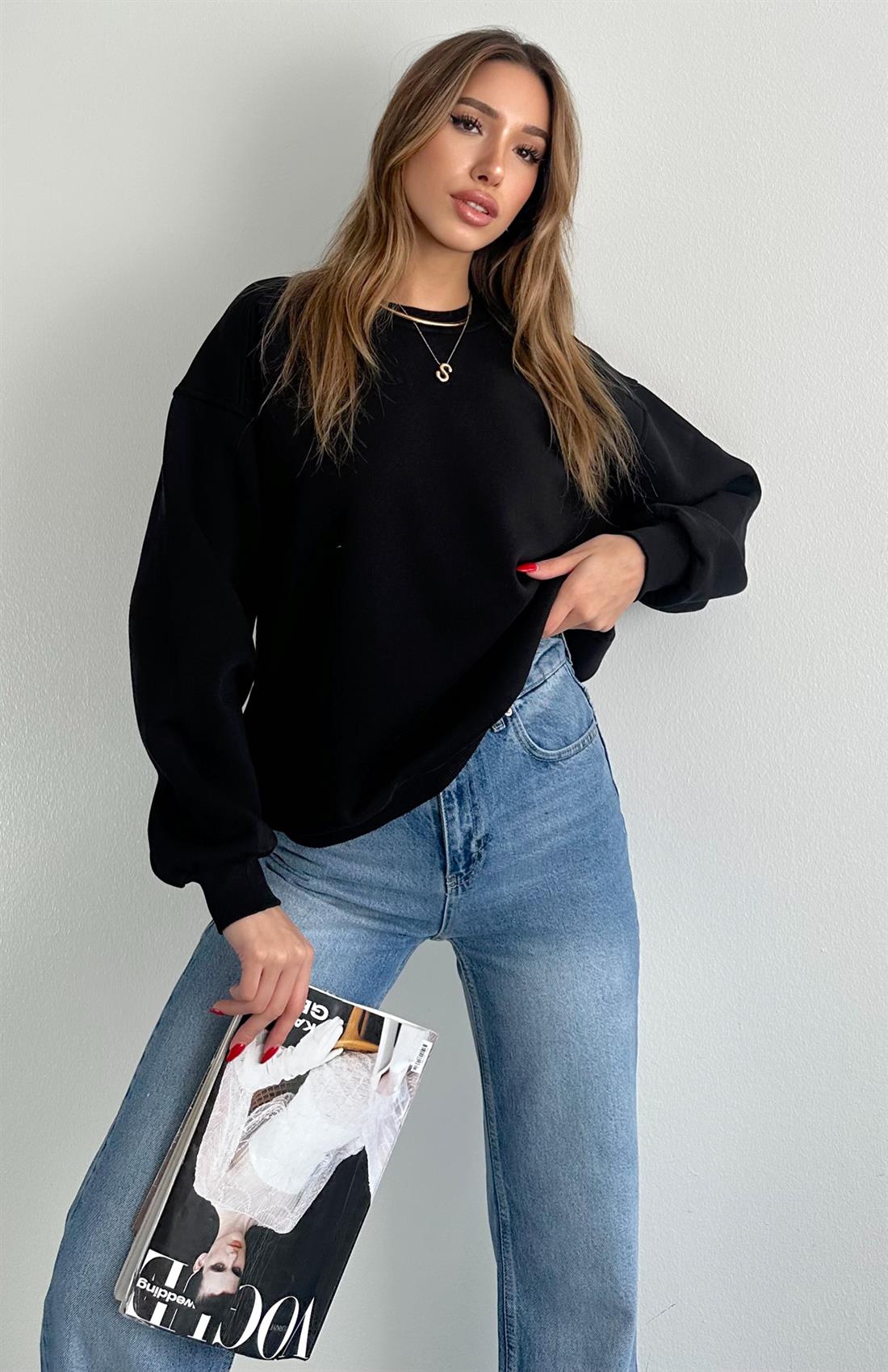 Omuzu Robalı 3 İplik Sweatshırt SİYAH