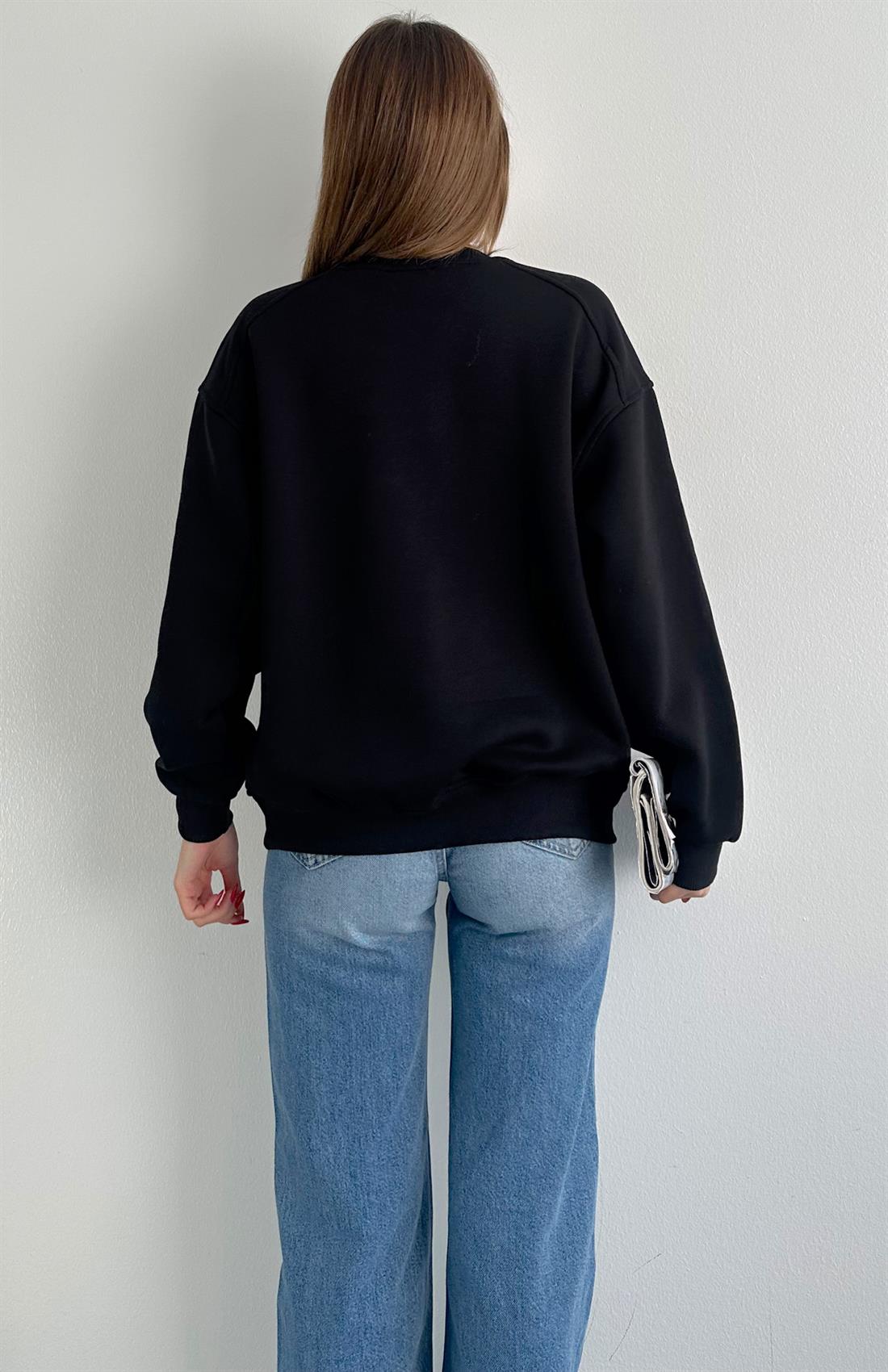 Omuzu Robalı 3 İplik Sweatshırt SİYAH