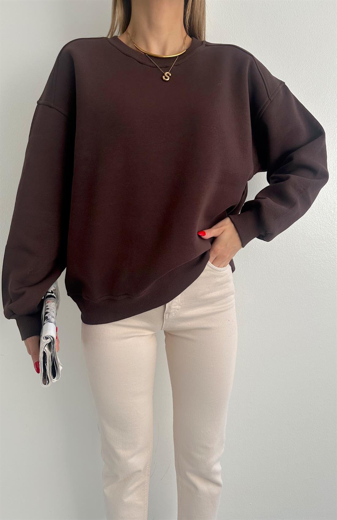 Omuzu Robalı 3 İplik Sweatshırt KAHVERENGİ