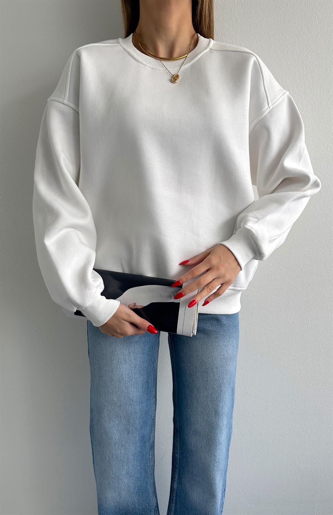 Omuzu Robalı 3 İplik Sweatshırt EKRU