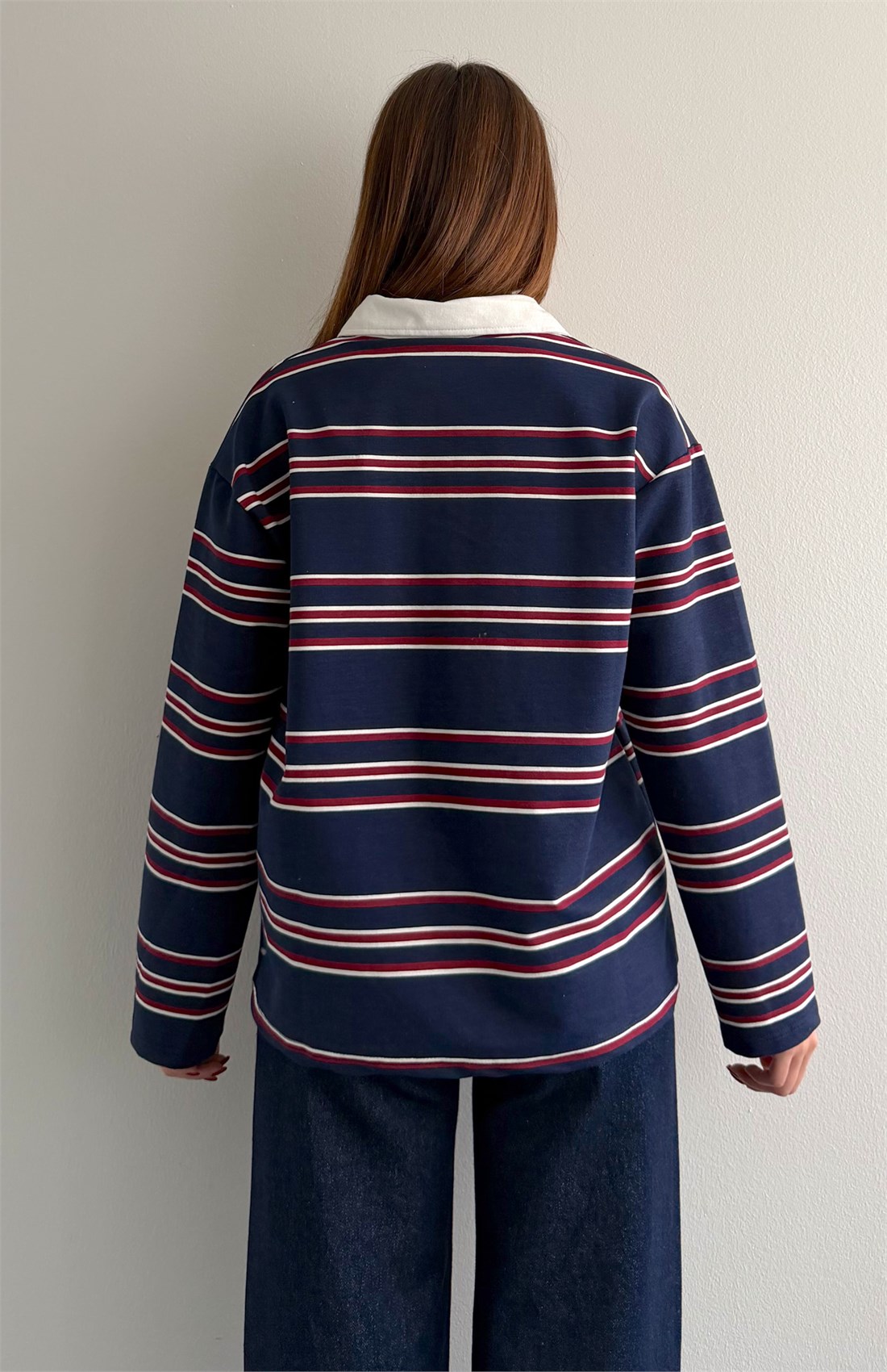 Polo Yaka Çizgili Sweatshırt LACİVERT