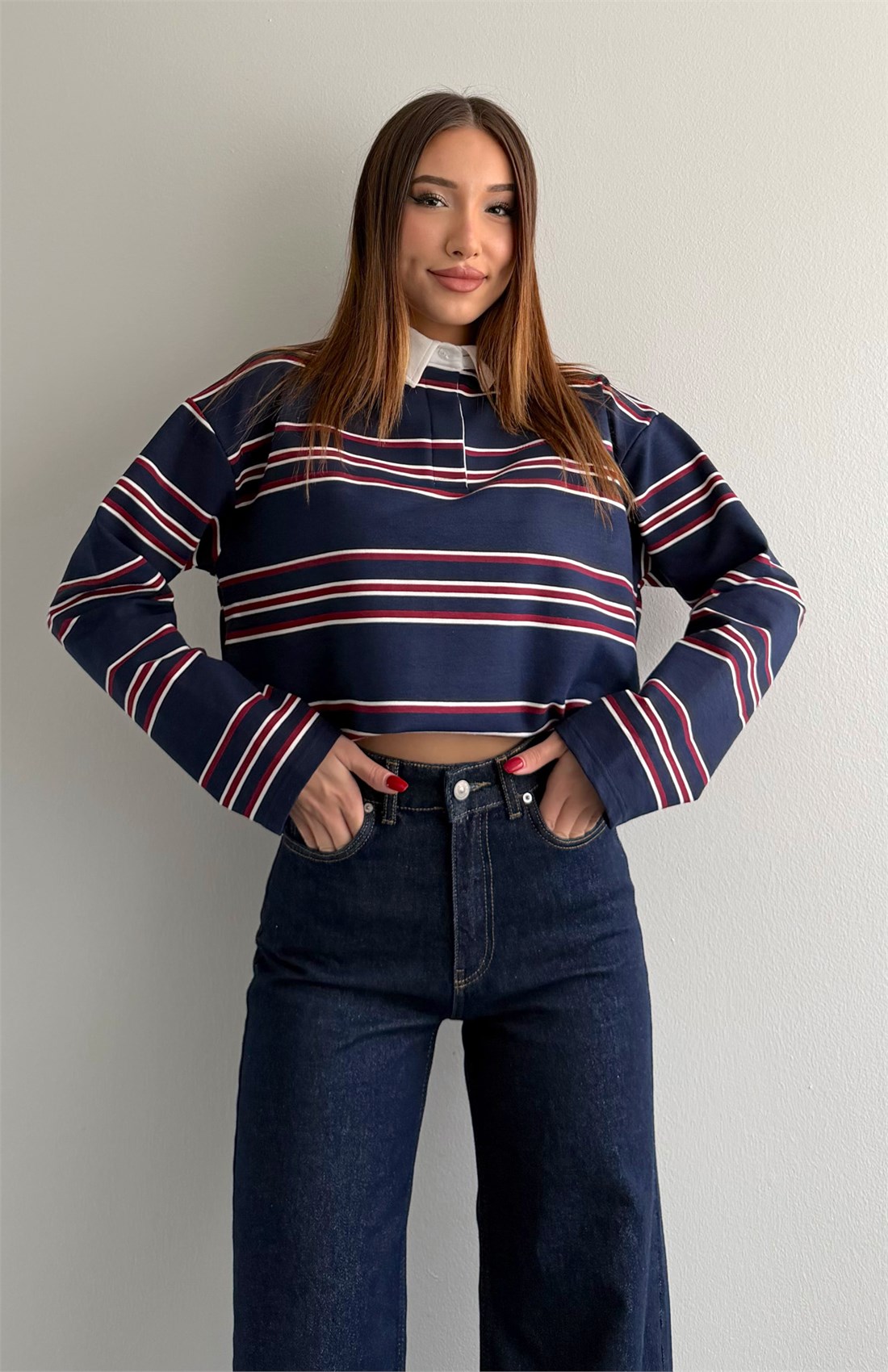 Polo Yaka Çizgili Sweatshırt LACİVERT