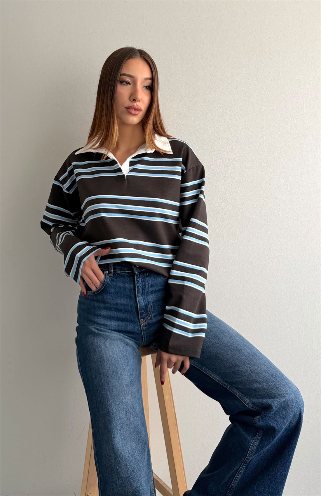 Polo Yaka Çizgili Sweatshırt KAHVERENGİ