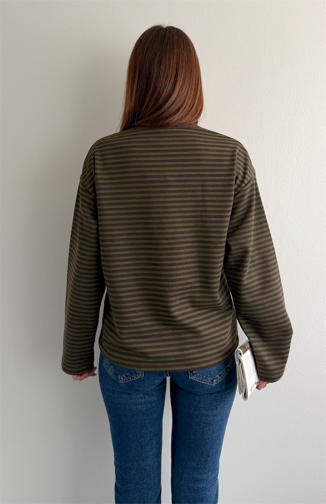 Rakamlı Çizgili Sweatshırt HAKİ